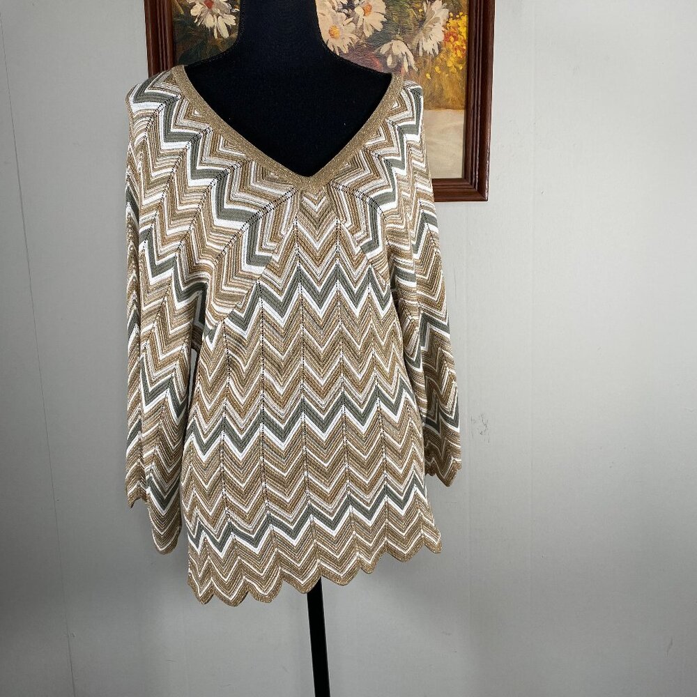 INC Blouse Top Women's Large V-neck Multicolor Chevron Flared Sleeve Casual